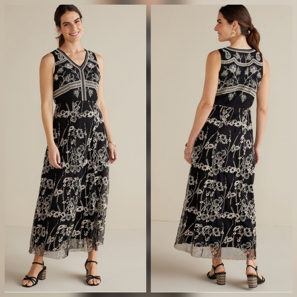 Soft Surroundings Dress Womens 10 Black Beaded Floral Embroidered Guest Formal